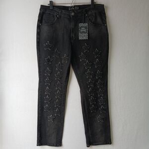 NEW Rebel Vengeance Straight Gray Jeans 34/31 Distressed Stars Frayed #766